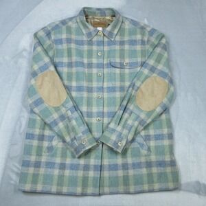 Pendleton Originals Jacket Women Large Blue Green Plaid Wool Lined Elbow Patches